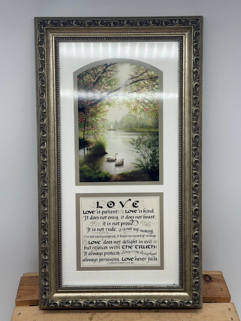 Framed 1 Corinthians 13 Scripture & Swans Lake Landscape Art Print - 8”x16”